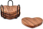 Samhita Acacia Wood Heart Shape Coaster Set of 4 With Iron Holder for Coffee Table Décor Housewarming Gift New Home Kitchen Décor (10.16cm x 10.16cm x 1.27cm)