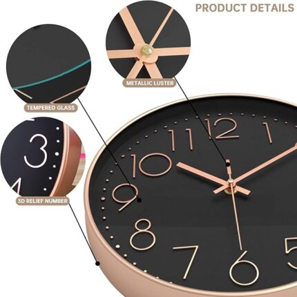 12" Wall Clock Silent & Large Wall Clocks for Living Room Office Home Kitchen Decor Modern Style & Easy to Read - Rose Gold &Black