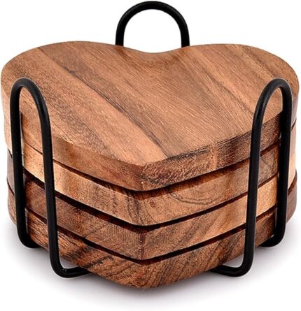 Samhita Acacia Wood Heart Shape Coaster Set of 4 With Iron Holder for Coffee Table Décor Housewarming Gift New Home Kitchen Décor (10.16cm x 10.16cm x 1.27cm)
