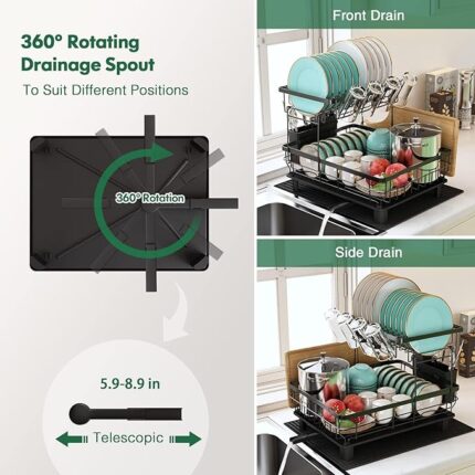 MAJALiS Dish Drainer Rack, 2 Tier Dish Drainer with Drip Tray and Drainer Mat, Stainless Steel Dish Rack with Utensil Holder, Swivel Spout, Draining Board.